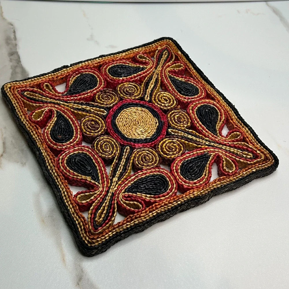 Woven Straw Trivet Square Paisley Boho Red Orange Yellow Black 7x7